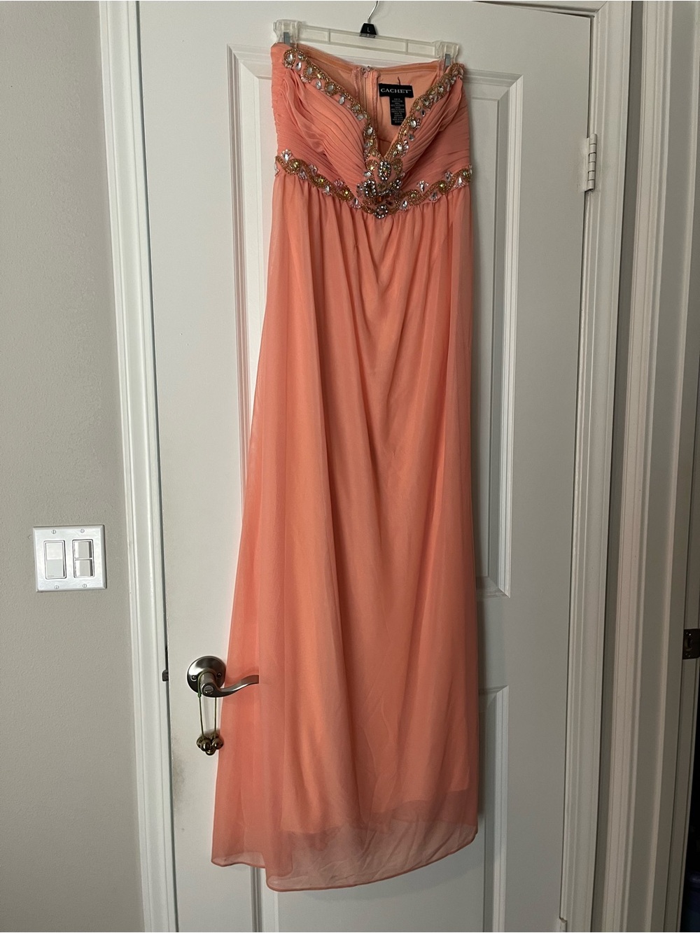 Cachet Strapless Coral-Orange Prom Dress with Beaded Waist